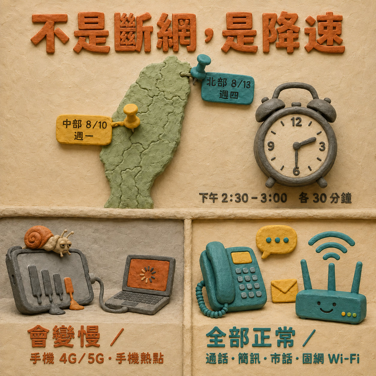 黏土風格圖卡,標題「不是斷網,是降速」。上方台灣地圖上插著兩張標籤:「中部 8/10 週一」與「北部 8/13 週四」,旁邊的鬧鐘與文字寫著「下午 2:30 - 3:00 各 30 分鐘」。左下角「會變慢/手機 4G/5G・手機熱點」配上爬在手機上的蝸牛與轉圈圈的筆電;右下角「全部正常/通話・簡訊・市話・固網 Wi-Fi」配上市話、訊息泡泡、信封與笑臉分享器。