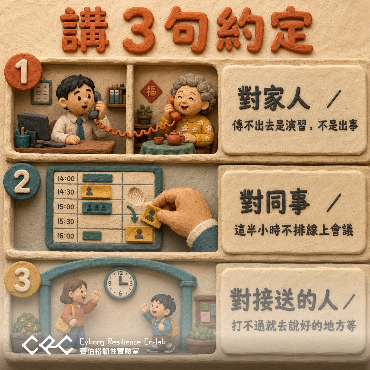 黏土風格格子櫃圖卡,標題「講 3 句約定」:1 對家人/傳不出去是演習,不是出事,畫面是辦公桌前的上班族與家中泡茶的長輩各自拿著市內電話,話筒線相連;2 對同事/這半小時不排線上會議,一隻手把 14:30 的會議方塊沿箭頭往下挪到 15:30 之後;3 對接送的人/打不通就去說好的地方等,媽媽在校門口向揹書包的孩子揮手。