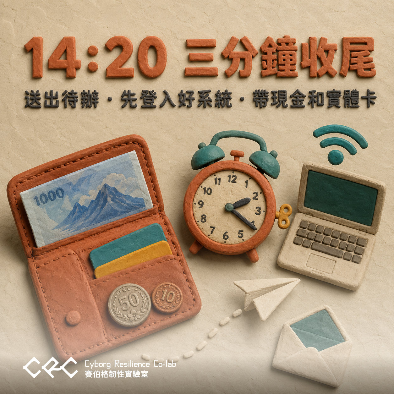 黏土風格圖卡,標題「14:20 三分鐘收尾」,副標「送出待辦・先登入好系統・帶現金和實體卡」。畫面上放著一只攤開的皮夾,裡面有千元鈔、兩張卡片與 50 元、10 元硬幣;中間的鬧鐘指著 2 點 20 分;右邊是連著 Wi-Fi 的筆電,前方有一架紙飛機與一封打開的信。