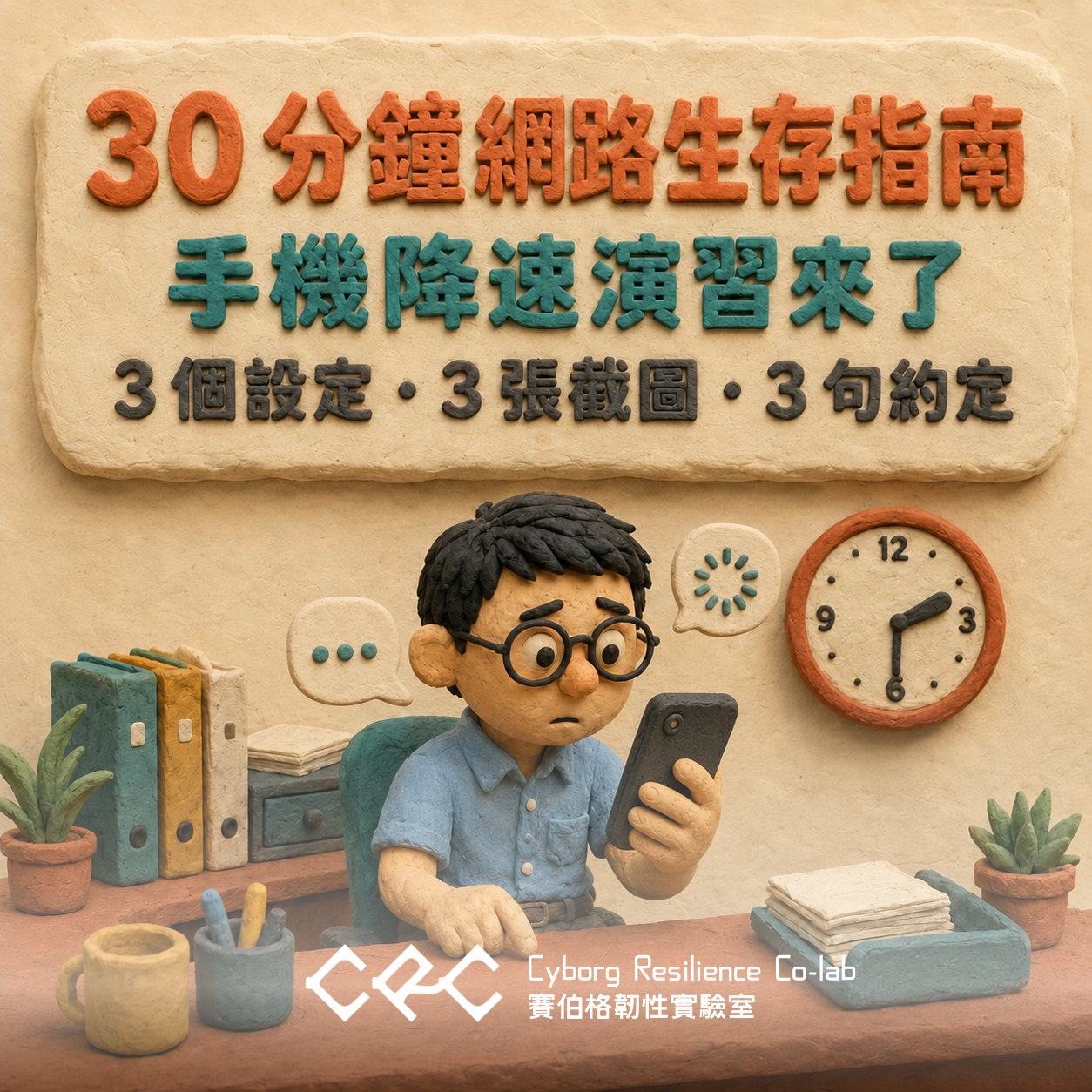 黏土風格主視覺：橘色大字「30 分鐘網路生存指南」、綠色字「手機降速演習來了」，下方寫著「3 個設定・3 張截圖・3 句約定」。一名戴圓框眼鏡的上班族坐在辦公桌前皺眉盯著手機，身旁的對話框轉著載入圈圈，牆上掛著時鐘。